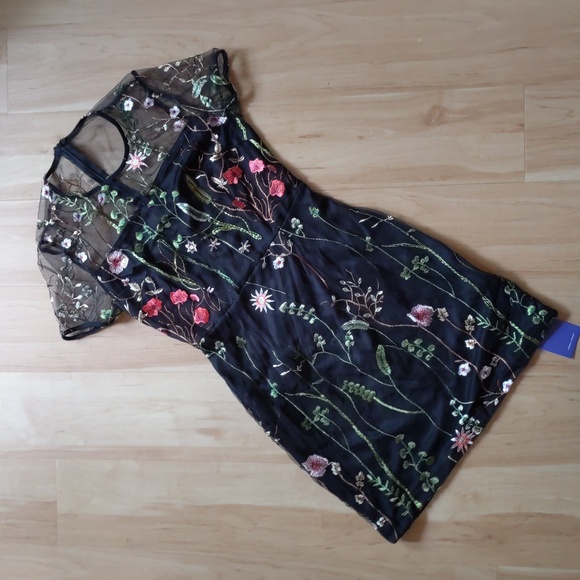NEW Embroidered Mini Dress, S, black floral, mesh, lined, zip up, formal, sheer - Picture 4 of 16